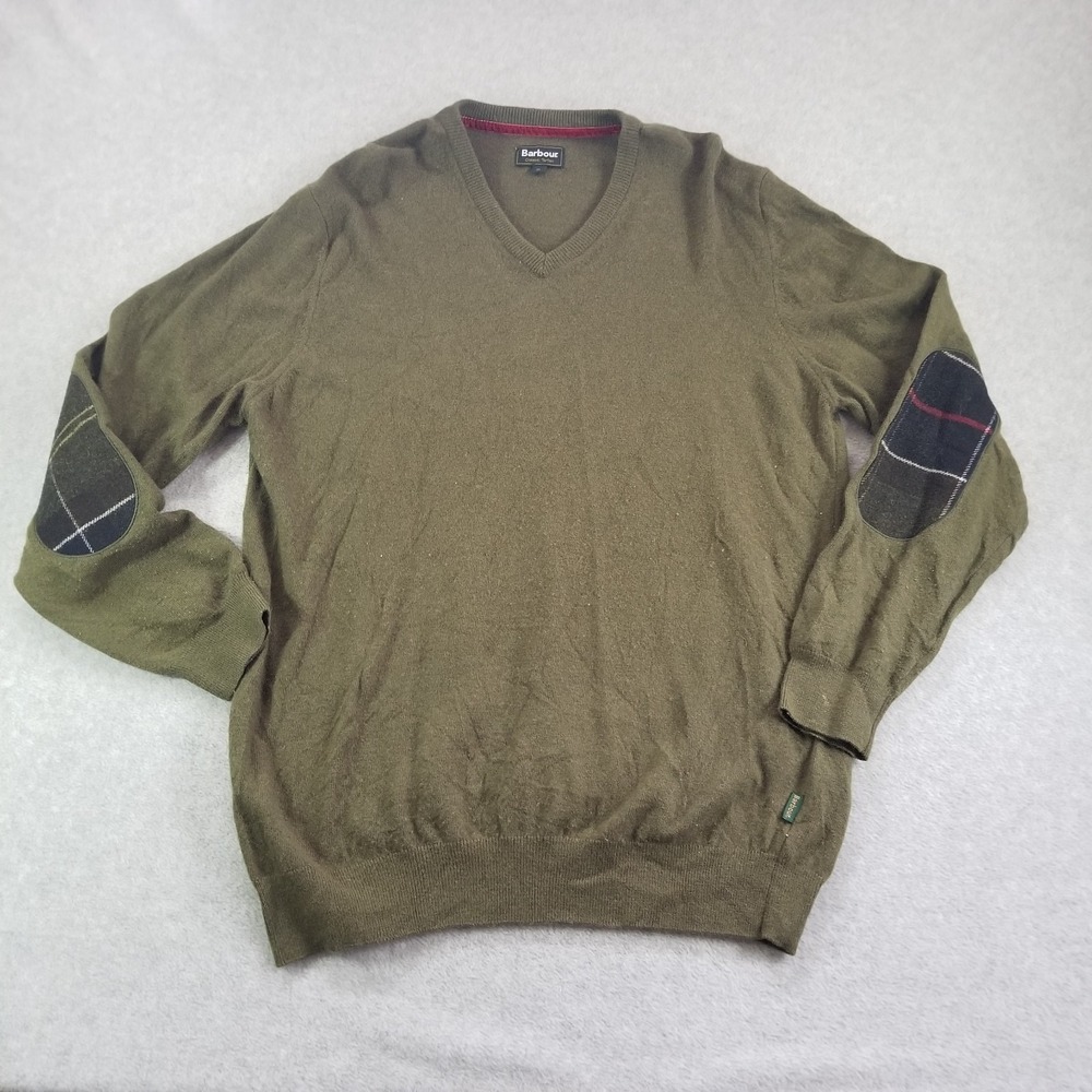 Barbour Sweater Mens Extra Large Olive Green Wool Cashmere V-Neck Elbow Patches